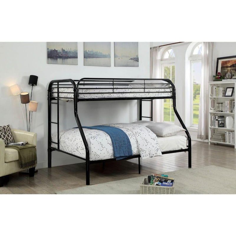 Metal Twin Over Full Bunk Bed with Attached Two Side Ladder, Black-Bedroom Furniture-Black-Metal-JadeMoghul Inc.