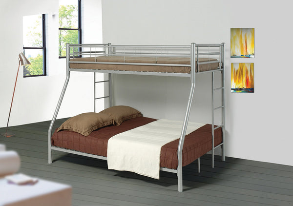 Metal Twin Over Full Bunk Bed With Full Length Guard Rails, Silver-Bedroom Furniture-Silver-Metal-JadeMoghul Inc.