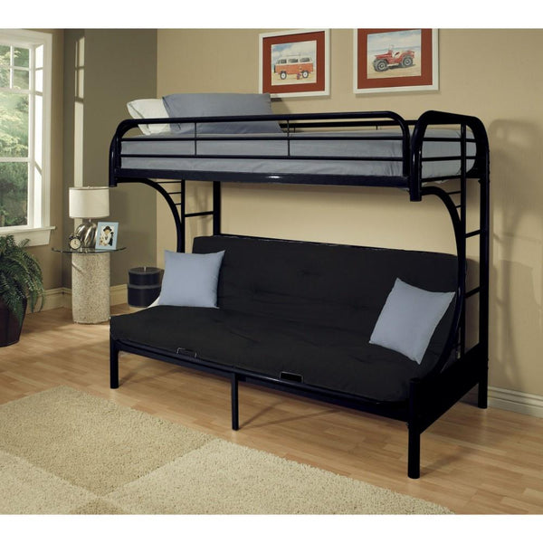 Metal Twin over Full Size Futon Bunk Bed With Built-in Side Ladders, Black-Bedroom Furniture-Black-Metal-JadeMoghul Inc.