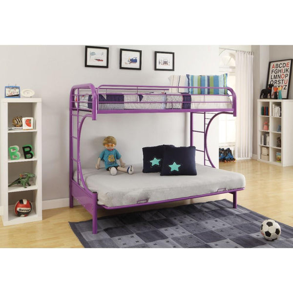 Metal Twin over Full Size Futon Bunk Bed With Built-in Side Ladders, Purple-Bedroom Furniture-Purple-Metal-JadeMoghul Inc.