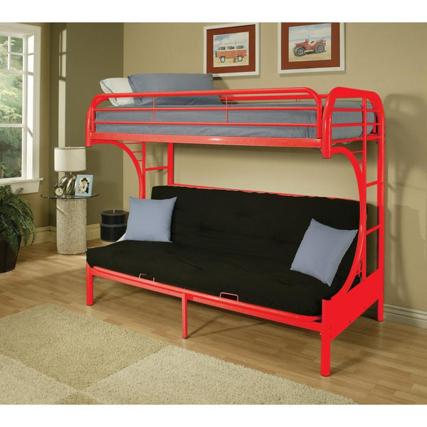 Metal Twin over Full Size Futon Bunk Bed With Built-in Side Ladders, Red-Bedroom Furniture-Red-Metal-JadeMoghul Inc.