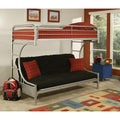 Metal Twin over Full Size Futon Bunk Bed With Built-in Side Ladders, Silver-Bedroom Furniture-Silver-Metal-JadeMoghul Inc.