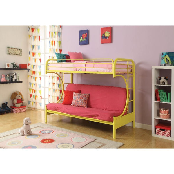 Metal Twin over Full Size Futon Bunk Bed With Built-in Side Ladders, Yellow-Bedroom Furniture-Yellow-Metal-JadeMoghul Inc.