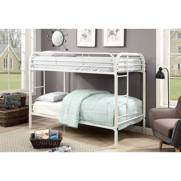 Metal Twin Over Twin Bunk Bed with Attached Side Rails And Side Ladders, White-Bedroom Furniture-White-Metal-JadeMoghul Inc.