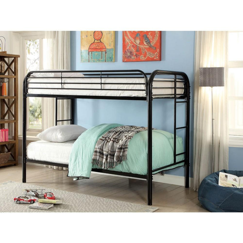 Metal Twin Over Twin Bunk Bed with Attached Two Side Ladder, Black-Bedroom Furniture-Black-Metal-JadeMoghul Inc.