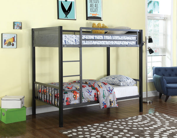 Metal Twin-Over-Twin Bunk Bed With Built-In Ladder, Gunmetal Gray & Black-Bedroom Furniture-Black & Gray-Metal-JadeMoghul Inc.