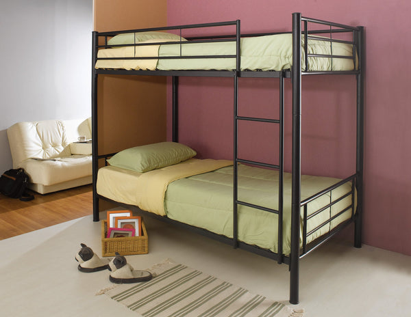 Metal Twin over Twin Bunk Bed with Ladder, Black-Bedroom Furniture-Black-Metal-JadeMoghul Inc.