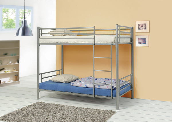 Metal Twin over Twin Bunk Bed with Ladder, Gray-Bedroom Furniture-Silver-Metal-JadeMoghul Inc.