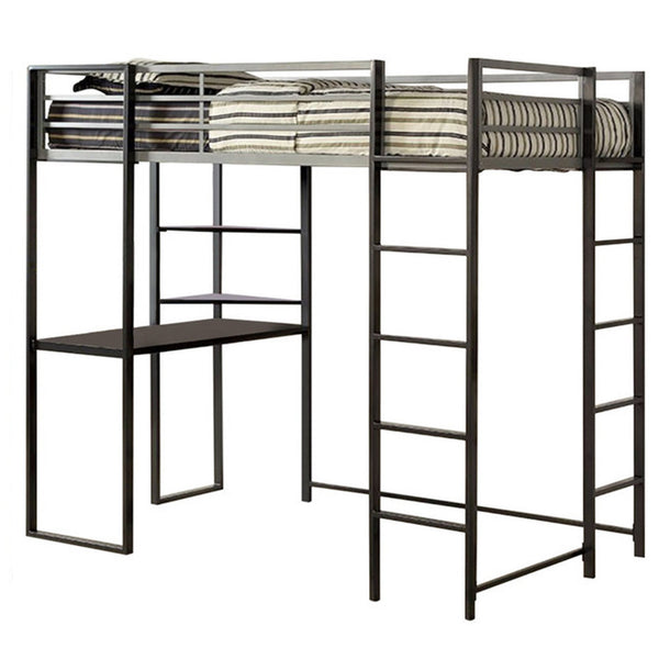 Metal Twin Size Bed With Work Station, Black