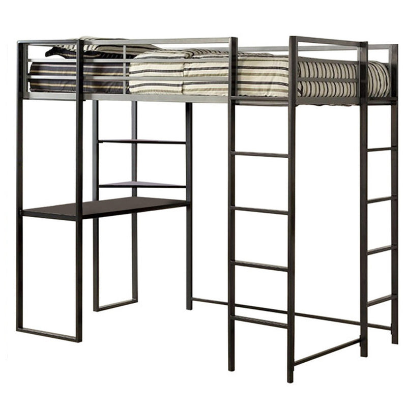 Metal Twin Size Bed With Work Station, Black