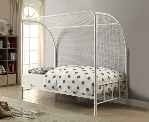 Metal Twin Size Soccer Goal Bed with Real Nylon Net, white-Bedroom Furniture-White-Metal-JadeMoghul Inc.