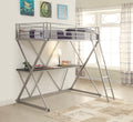 Metal Twin Size Workstation Loft Bunk Bed, Silver-Bedroom Furniture-Silver-Metal-JadeMoghul Inc.