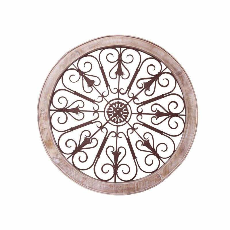 Metal Wall Decor Round Intricate Metal Scrollwork Wall Decor with Wooden Frame, Cream and Brown Benzara