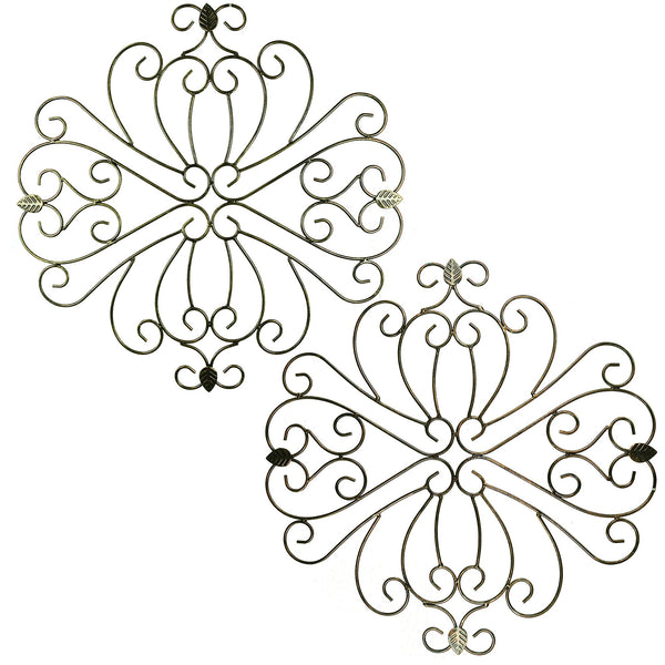 Metal Wall Decor With Intricate Design and Leaf Accents, Assortment of Two, Gray-Metal Wall Decor-Gray-Metal-JadeMoghul Inc.