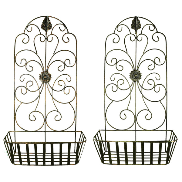 Metal Wall Decor With Intricate Design and Wired Basket, Assortment of Two , Gray-Metal Wall Decor-Gray-Metal-JadeMoghul Inc.