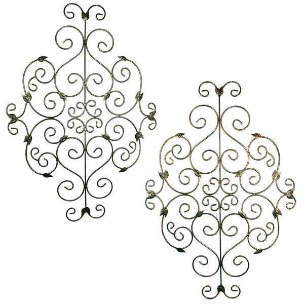 Metal Wall Decor With Scroll Work Design and Leave Accents, Assortment of Two, Gray and Copper-Metal Wall Decor-Gray and Copper-Metal-JadeMoghul Inc.