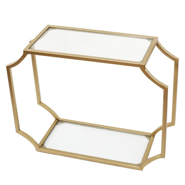 Metal Wall Shelf with Two Glass Shelves and Smooth Chamfered Corners, Gold and Clear
