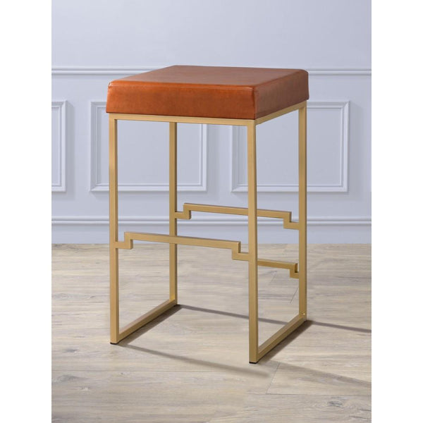 Metallic Bar Height Stool with Leather Upholstered Seat, Gold & Brown-Accent Stools-Gold & Brown-Metal & Leather-JadeMoghul Inc.