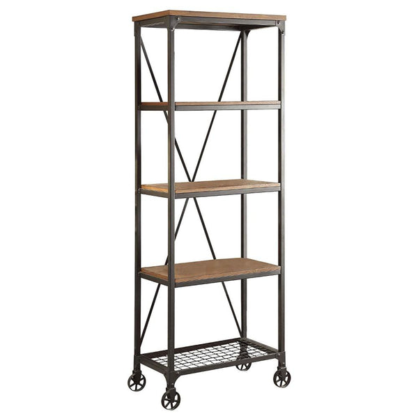 Metallic Book Case With Wooden Top And Shelves, Brown, Black-Bookcases-Brown, Black-Wood Metal-JadeMoghul Inc.