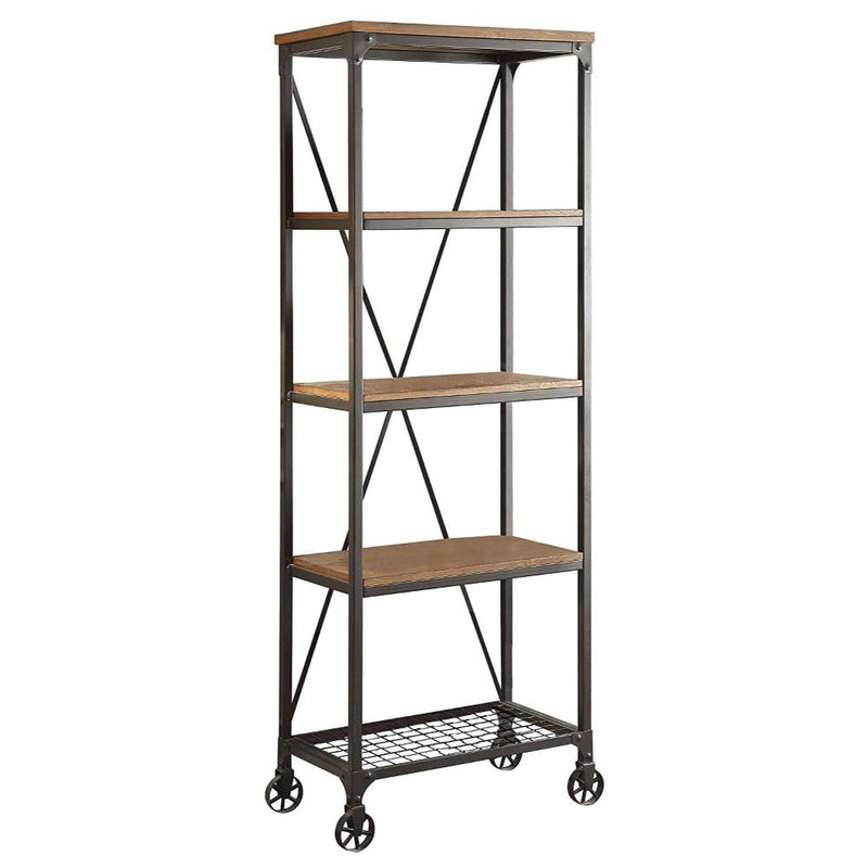Metallic Book Case With Wooden Top And Shelves, Brown, Black-Bookcases-Brown, Black-Wood Metal-JadeMoghul Inc.