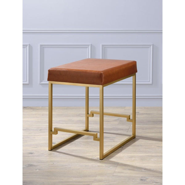 Metallic Counter Height Stool with Leather Upholstered Seat, Gold & Brown-Accent Stools-Gold & Brown-Metal & Leather-JadeMoghul Inc.