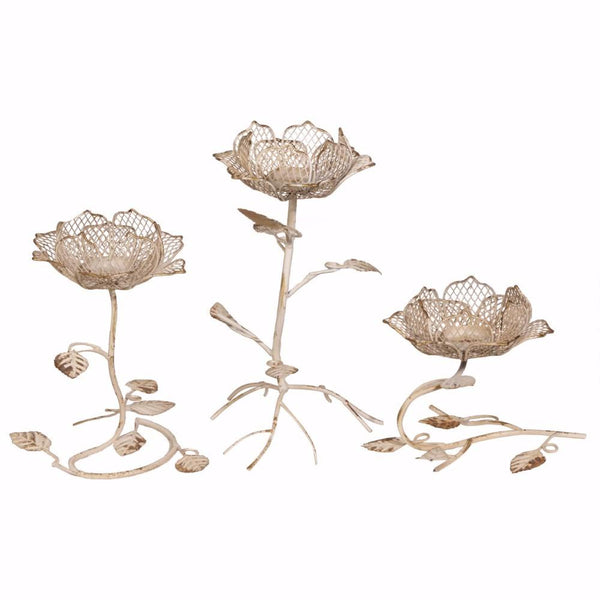 Metallic Lotus Flower Design Candle Holders, Set of 3, White-Candleholders-White-metal-JadeMoghul Inc.