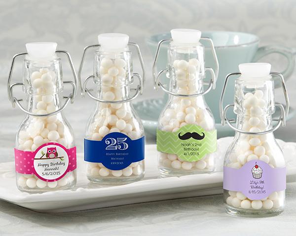 Mini Glass Favor Bottle with Swing Top - Birthday (Set of 12) (Available Personalized)-Favor Boxes Bags & Containers-JadeMoghul Inc.