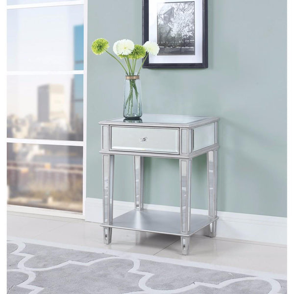 Mirror Accent Table With One Drawer, Silver-Console Tables-Silver-Wood-JadeMoghul Inc.