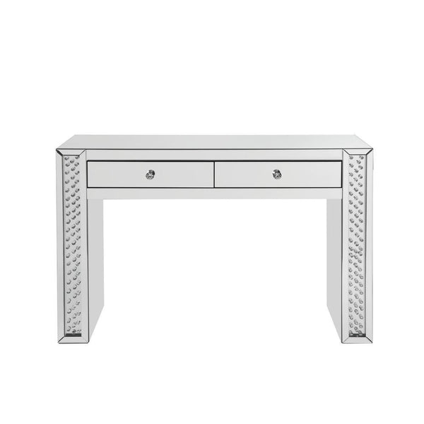 Mirror Accented Two Drawers Wooden Vanity Desk With Faux Crystal Inlay, Silver-Cabinet and Storage Chests-Mirrored, Silver-Mirror Glass Faux Crystals And Engineered Wood-JadeMoghul Inc.