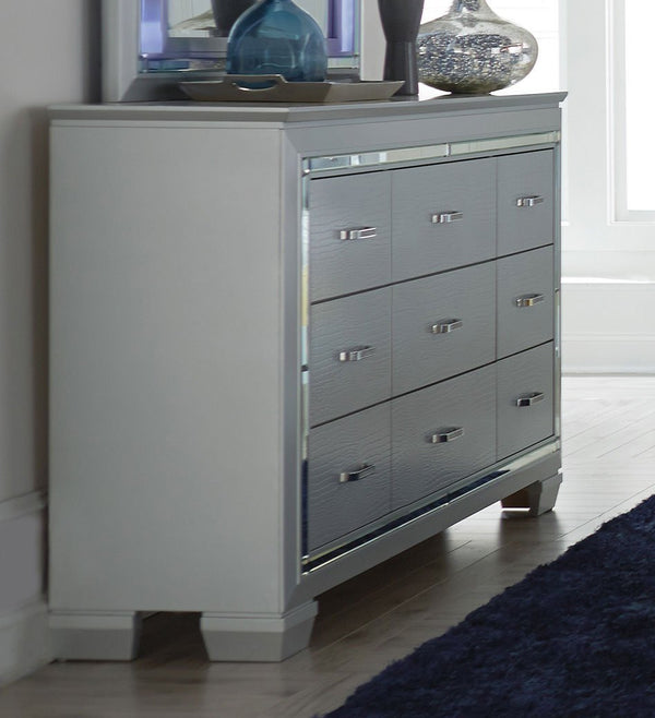 Mirror Accented Wooden Dresser With 9 Drawers, Gray-Bedroom Furniture-Silver Gray-Wood-JadeMoghul Inc.