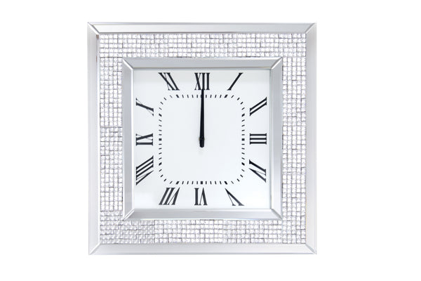 Mirror Framed Wooden Analog Wall Clock With Crystal Accents, White-Mirrors-White-Clock Mirror Faux Rhinestones Engineered Wood-JadeMoghul Inc.