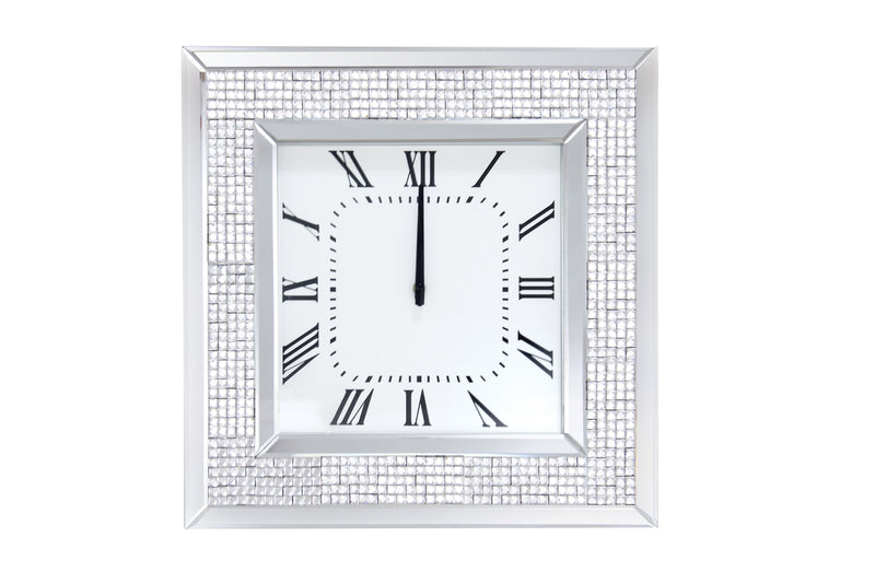 Mirror Framed Wooden Analog Wall Clock With Crystal Accents, White-Mirrors-White-Clock Mirror Faux Rhinestones Engineered Wood-JadeMoghul Inc.