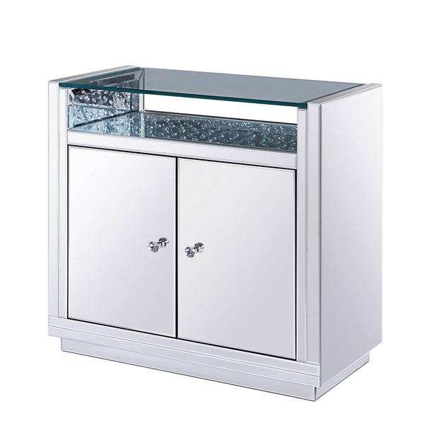 Mirror Paneled Wooden Cabinet with Storage and Display Space, Clear-Cabinet and Storage Chests-Clear-Mirror, Glass, Faux Crystals and Composite Wood-JadeMoghul Inc.