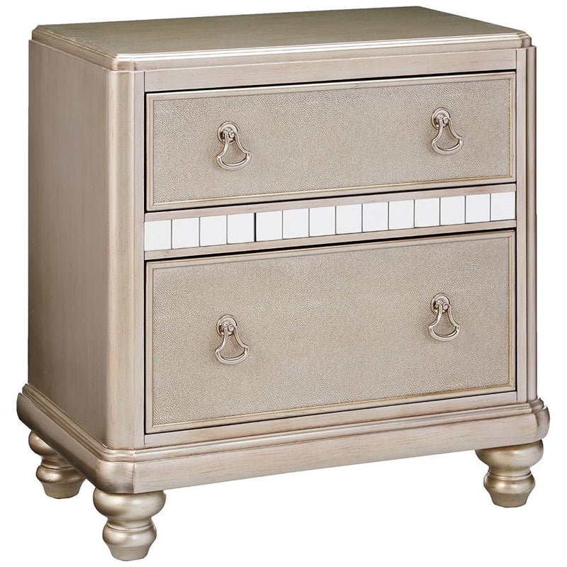 Mirror Trim Accented Nightstand with Two Drawers and Turned Legs, Silver-Bedroom Furniture-Silver-Wood Metal and Mirror-JadeMoghul Inc.