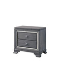 Mirror Trim Accented Two Drawer Solid Wood Nightstand with Bracket Feet, Light Gray-Bedroom Furniture-Gray-Solid Wood and Metal-JadeMoghul Inc.