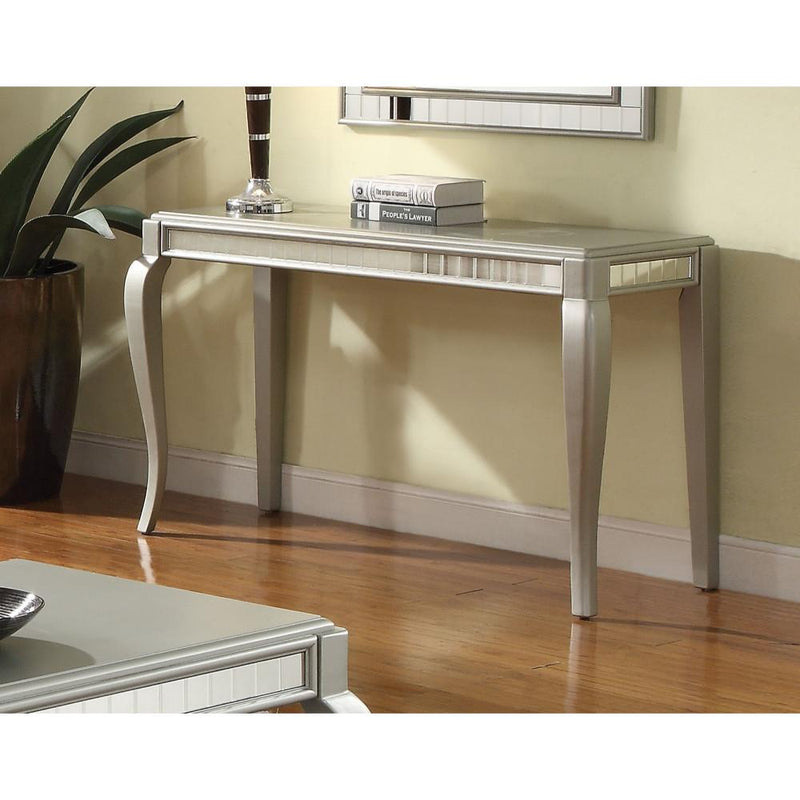Mirror Trim Rectangle Sofa Table With Wooden Cabriole Legs, Champagne Silver-Living Room Furniture-Silver-Wood Mirror-JadeMoghul Inc.