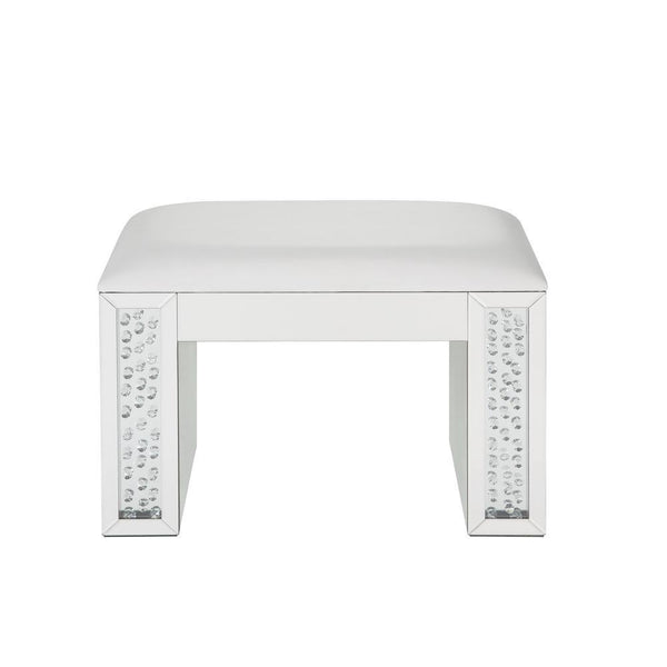 Mirrored Rectangular Wooden Vanity Stool With Padded Seat, Ivory And Silver-Accent Stools-Ivory And Silver-Mirror Glass Faux Crystals Polyurethane & Wood-JadeMoghul Inc.
