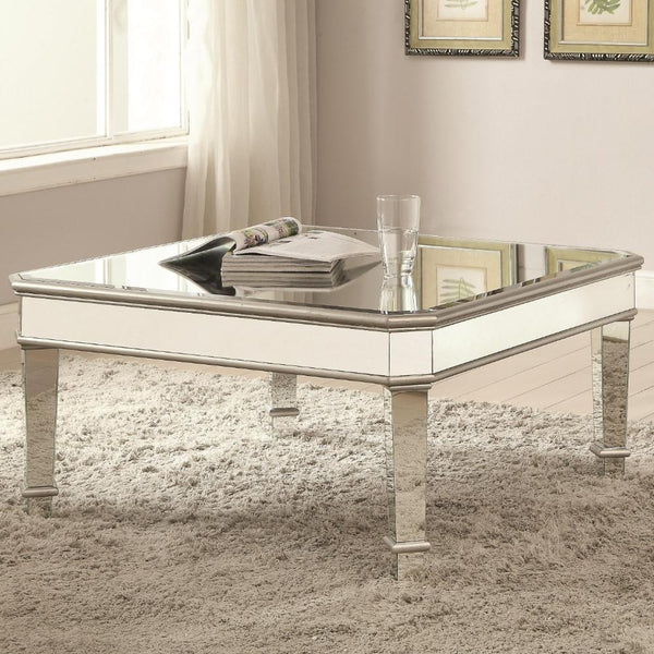 Mirrored Transitional Style Wooden Coffee Table With Beveled Edges, Silver-Coffee Tables-Silver-Wood/Mirror-JadeMoghul Inc.