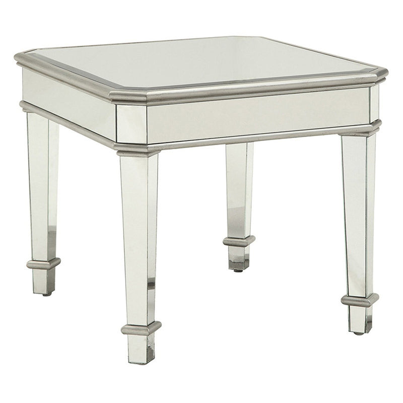 Mirrored Transitional Style Wooden End Table With Beveled Edges, Silver-End Tables-Silver-Wood/Mirror-JadeMoghul Inc.