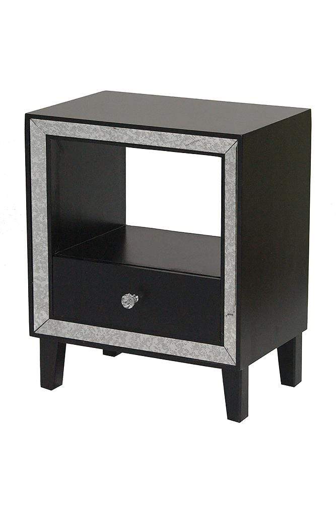 Mirrors Black Mirror - 19'.7" X 13" X 23'.5" Black MDF, Wood, Mirrored Glass Accent Cabinet with a Drawer and n Open Shelf and an Mirrored Frame HomeRoots