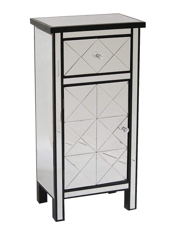 Mirrors Black Mirror - 20" X 13" X 39'.76" Black MDF, Wood, Mirrored Glass Tall Accent Cabinet with Beveled Mirror Drawer and Door HomeRoots