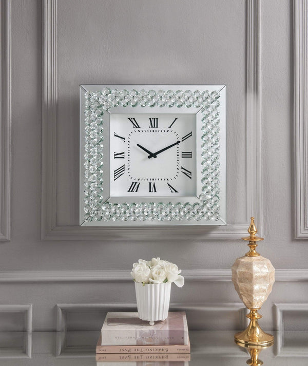 Mirrors Large Mirror 20" X 2" X 20" Mirrored And Faux Crystals Analog Wall Clock 2494 HomeRoots