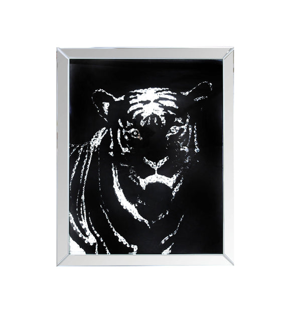 Mirrors Rectangular Mirror framed Tiger Wall Decor With Crystal Inlays, Black & Silver Benzara