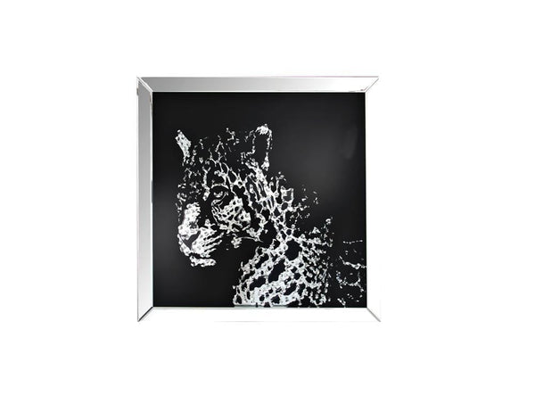 Mirrors Square Shape Mirror framed Leopard Wall Decor With Crystal Inlays, Black & Silver Benzara