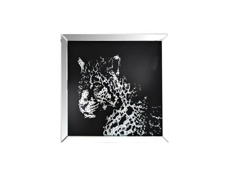 Mirrors Square Shape Mirror framed Leopard Wall Decor With Crystal Inlays, Black & Silver Benzara