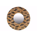 Wood Round Wall Mirror with Brick Design Frame - Brown - Benzara