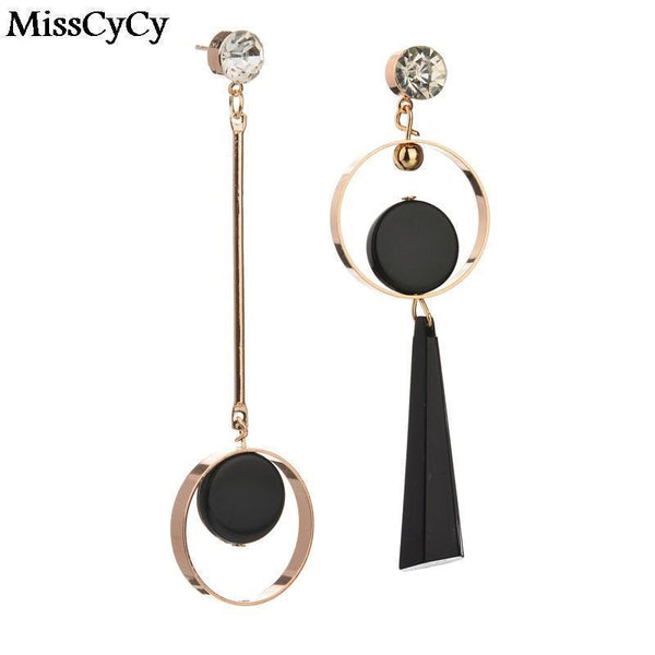 MissCyCy Fashion Asymmetry Gold Color Rhinestone Long Earrings For Women Personality Black Acrylic Pendant Drop Earrings-Antique Gold Plated-JadeMoghul Inc.