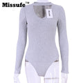 Missufe Autumn Casual Knitted Playsuit Pullover Bodysuit Choker Neck Top Rompers Slim V-Neck Overalls Women Jumpsuits Pull Femme-Gray-L-JadeMoghul Inc.