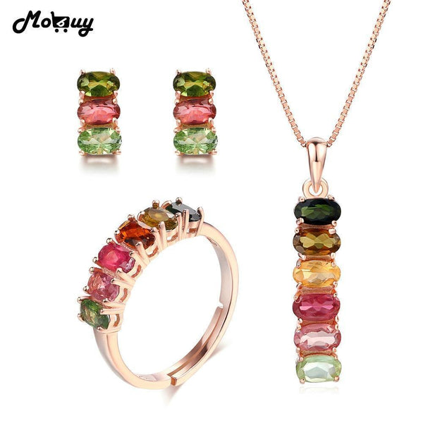 MoBuy 925 Sterling Silver 3PCS Jewelry Sets For Women Natural Gemstone Multicolor Tourmaline S925 Fine Jewelry For Women V006ENR--JadeMoghul Inc.