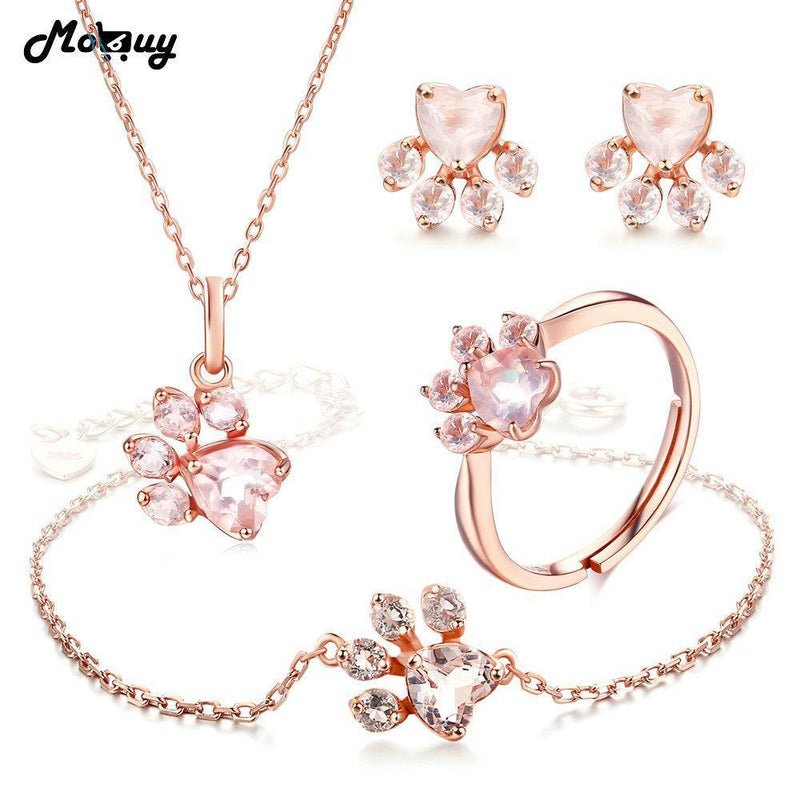 MoBuy Natural Gemstone Heart Rose Quartz 100% 925 Sterling Silver 4pcs Jewelry Sets For Women Bearfoot Fine Jewelry V035EHNR--JadeMoghul Inc.